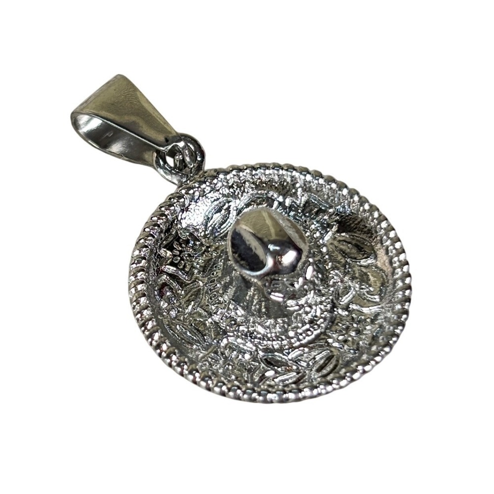 Vintage Statement Silver Sombrero Hat Pendant Charm Textured Mexican Style
